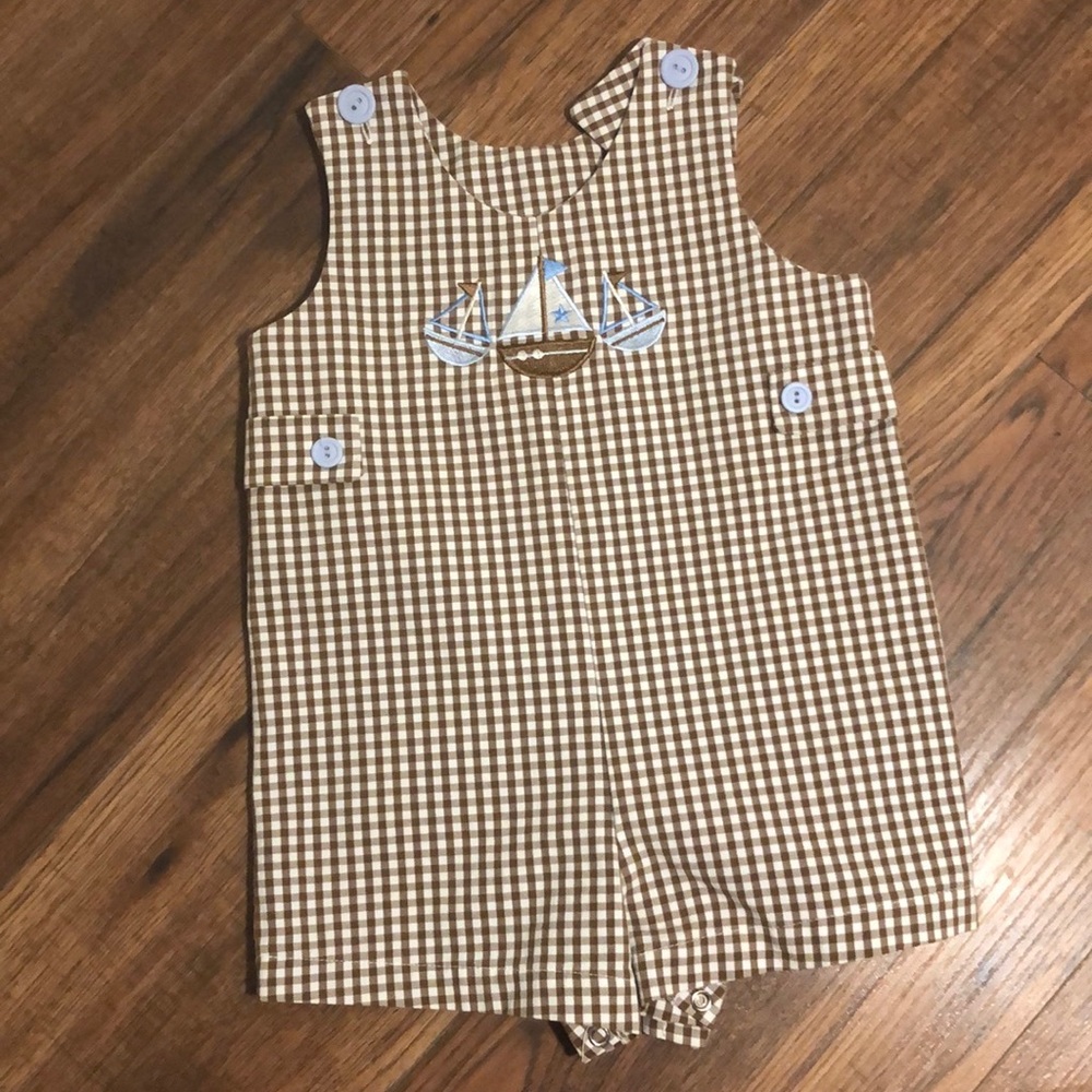 Brown Gingham Boy Sailboat Romper